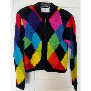 VTG Marisa Christina Petite Hand Knit Rainbow Harlequin Zip Cardigan Sweater PP